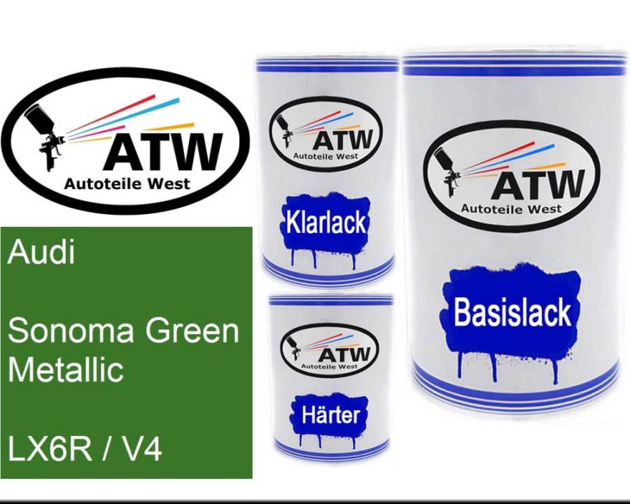 Audi, Sonoma Green Metallic, LX6R / V4: 500ml Lackdose + 500ml Klarlack + 250ml Härter - Set, von ATW Autoteile West.